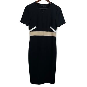 Judith & Charles | Black Beige White Cast Stretch Midi Dress